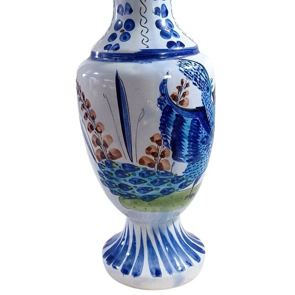 Vintage 15"  Hand-Painted Signed Tonala Mexico Pottery Vase With Peacock - Picture 2 of 12